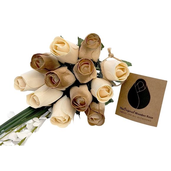 1 Dozen 50 Year Anniversary Golden and White Bouquet The Original Wooden Rose - Picture 1 of 7